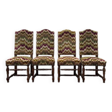 4 chaises de style Louis XIII en bois tourné et velours
