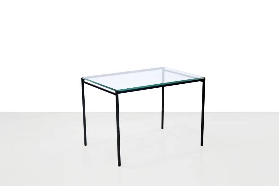 Black minimalist metal side table with glass top, 1960's