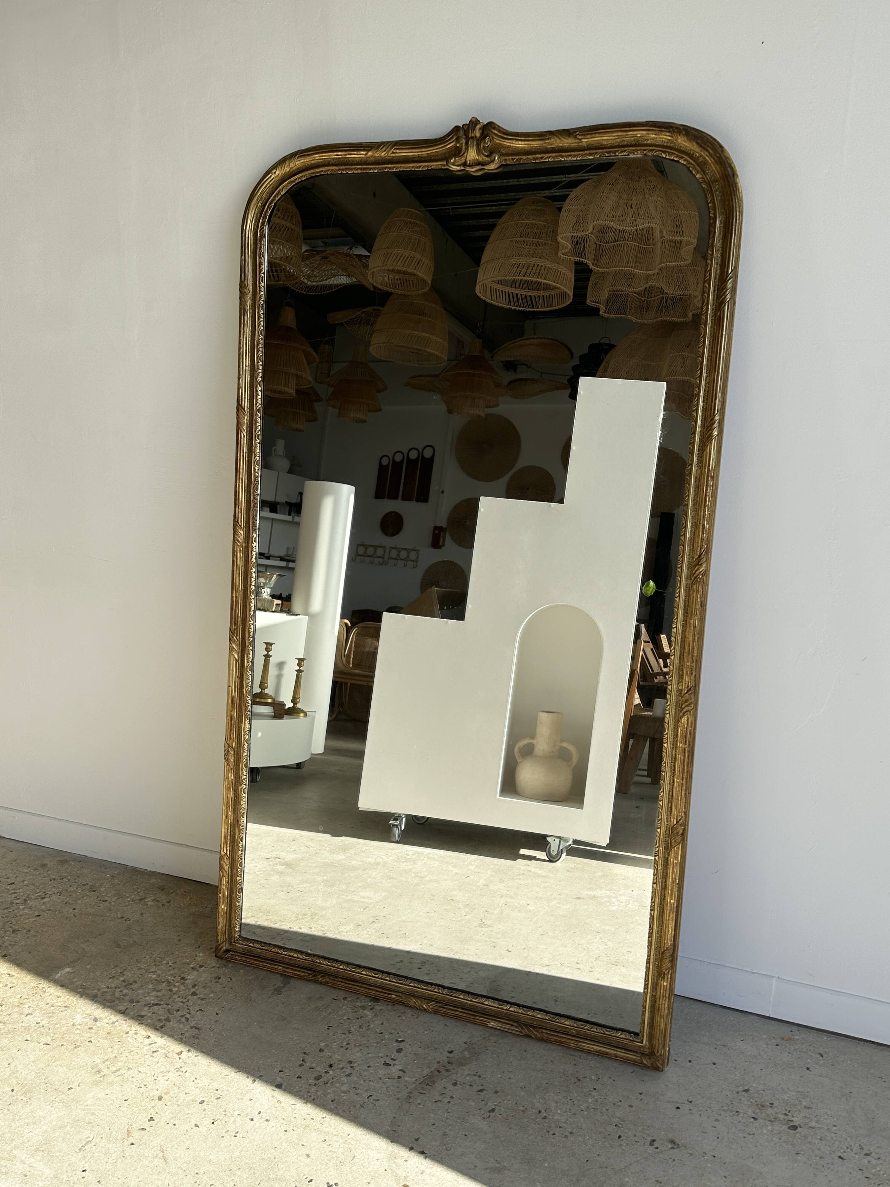 Large gilded mirror 19th century rounded corners mercury glass Louis XVI style