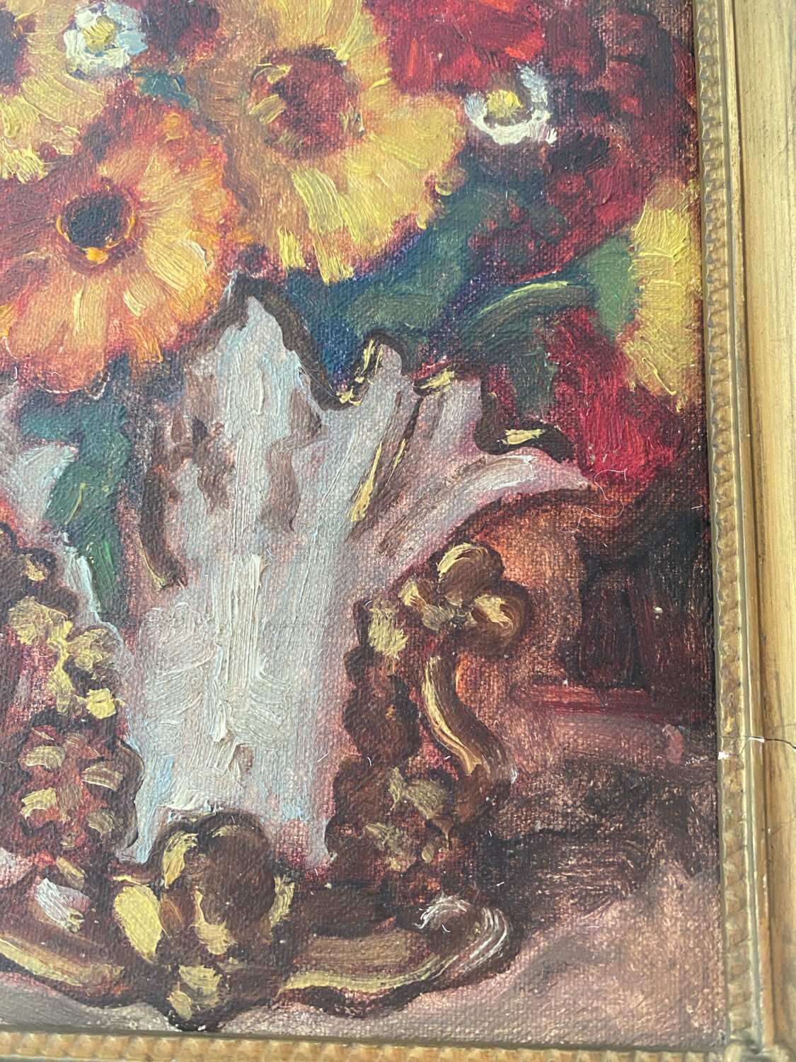 Huile sur panneau ancienne encadrée bouquet de fleurs