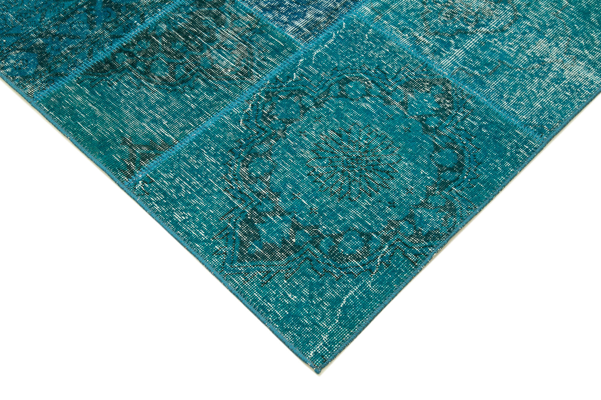 Hand-knotted oriental overdyed 200 cm x 298 cm turquoise patchwork rug