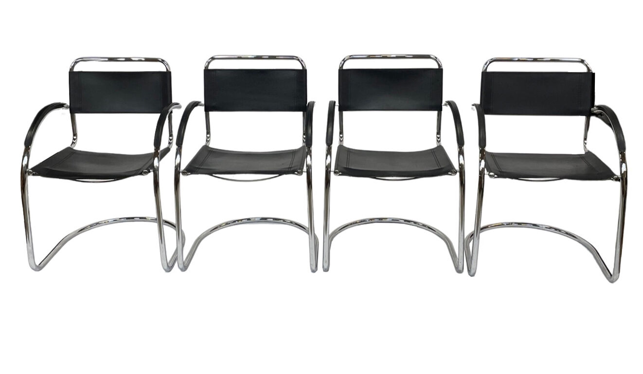 Set of 4 bauhaus cantilever chairs black leather and chrome design
