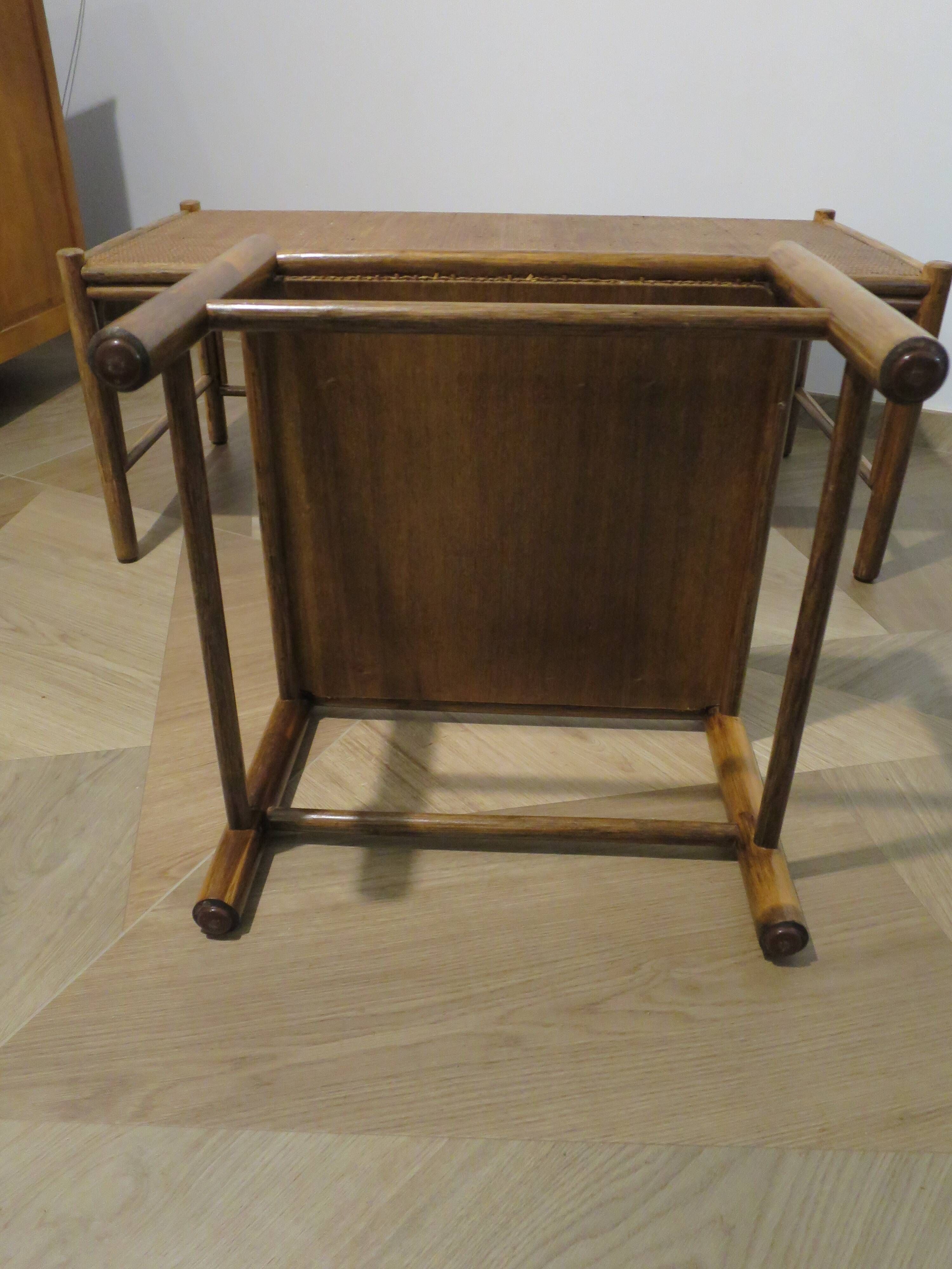 Vintage nesting coffee tables - wood and woven rattan - natural color - 60s