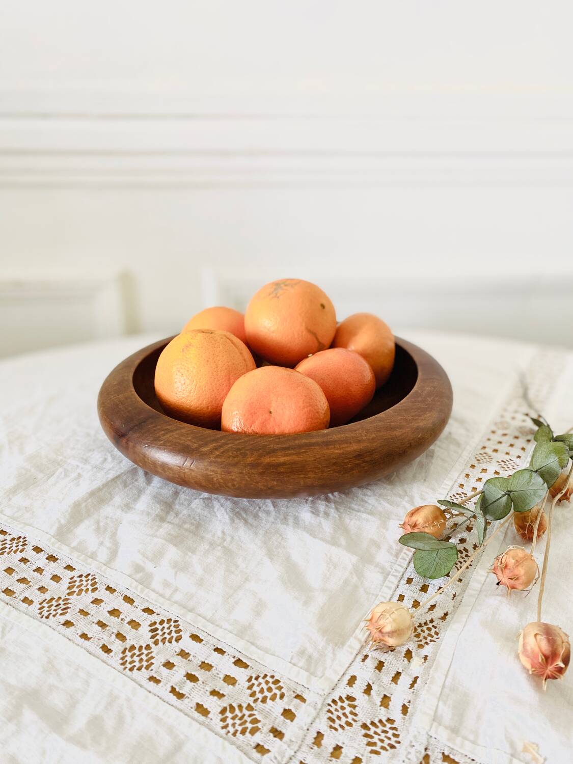 Empty round hollow flat bowl pocket in teak wood