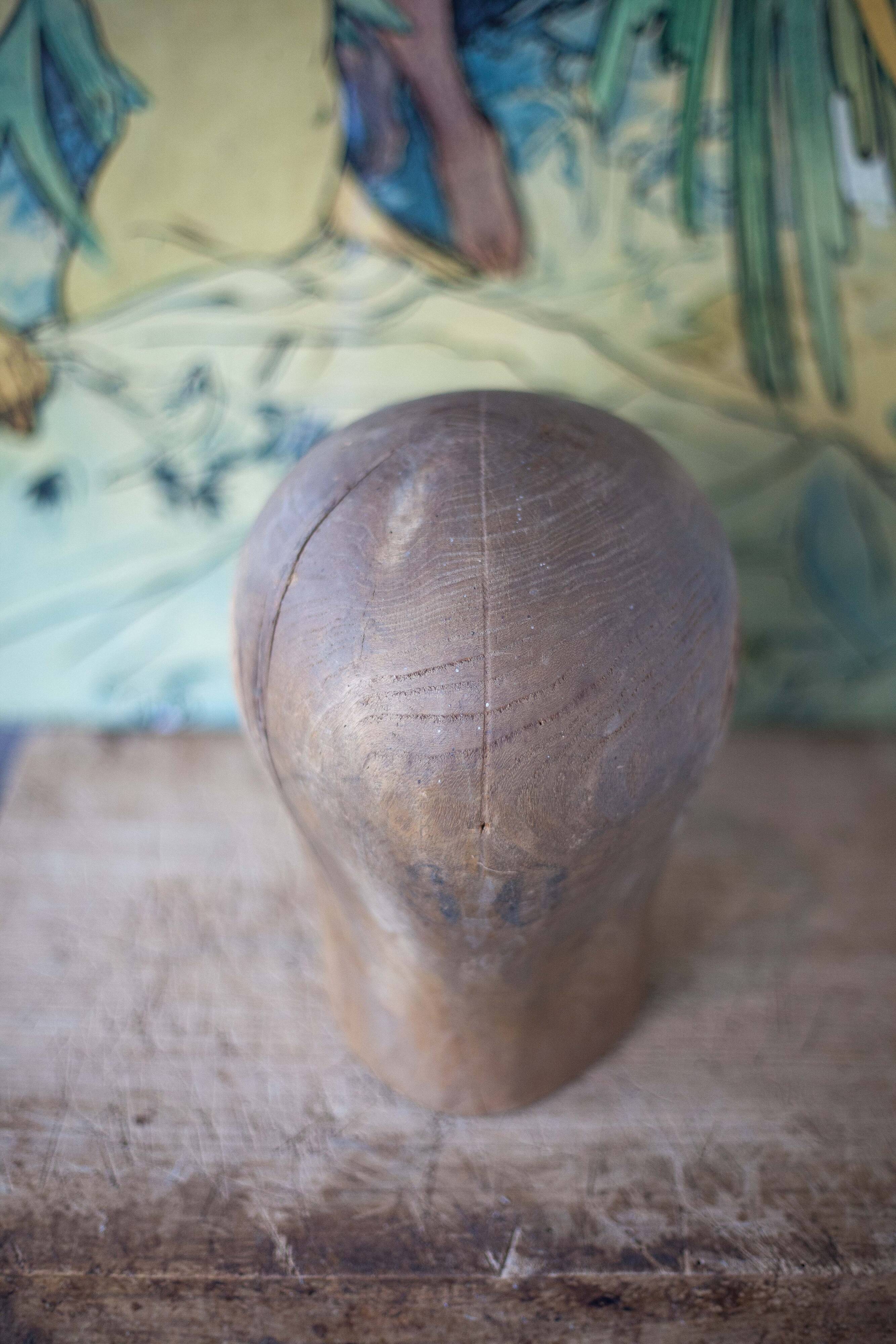 Old hat head, wooden cap, wooden milliner's head, old wood, collection, decoration