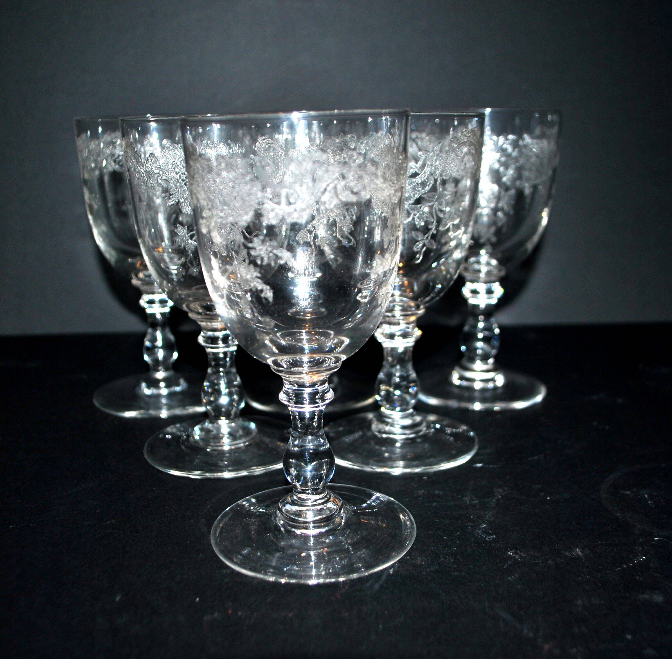 Saint-Louis set of 6 antique glasses with acid-etched rocaille and flower decoration 1920-30