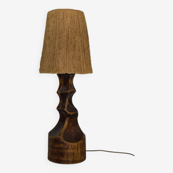 Large brutalist dutch table lamp with sisal shade, 1960s