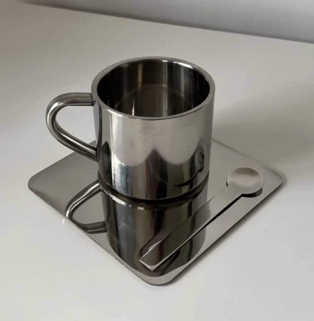 Stainless steel coffee cup set with saucer and spoon – Minimalist Nordic modern design