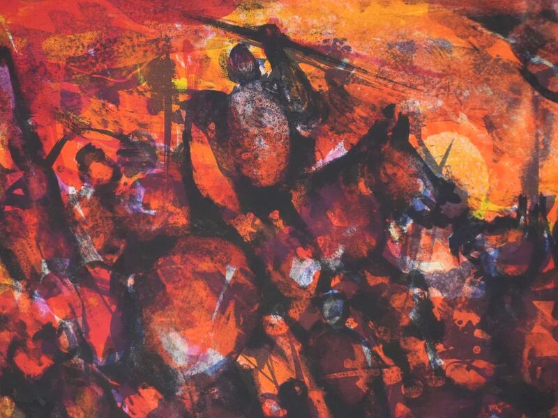 Marcel Mouly : Combat rouge, lithographie originale signée