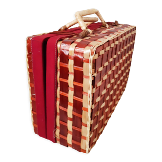 Red rattan suitcase, wicker, vintage French