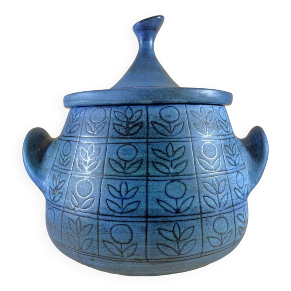 Soupière en céramique bleue Jean De Lespinasse, années 1950-1960