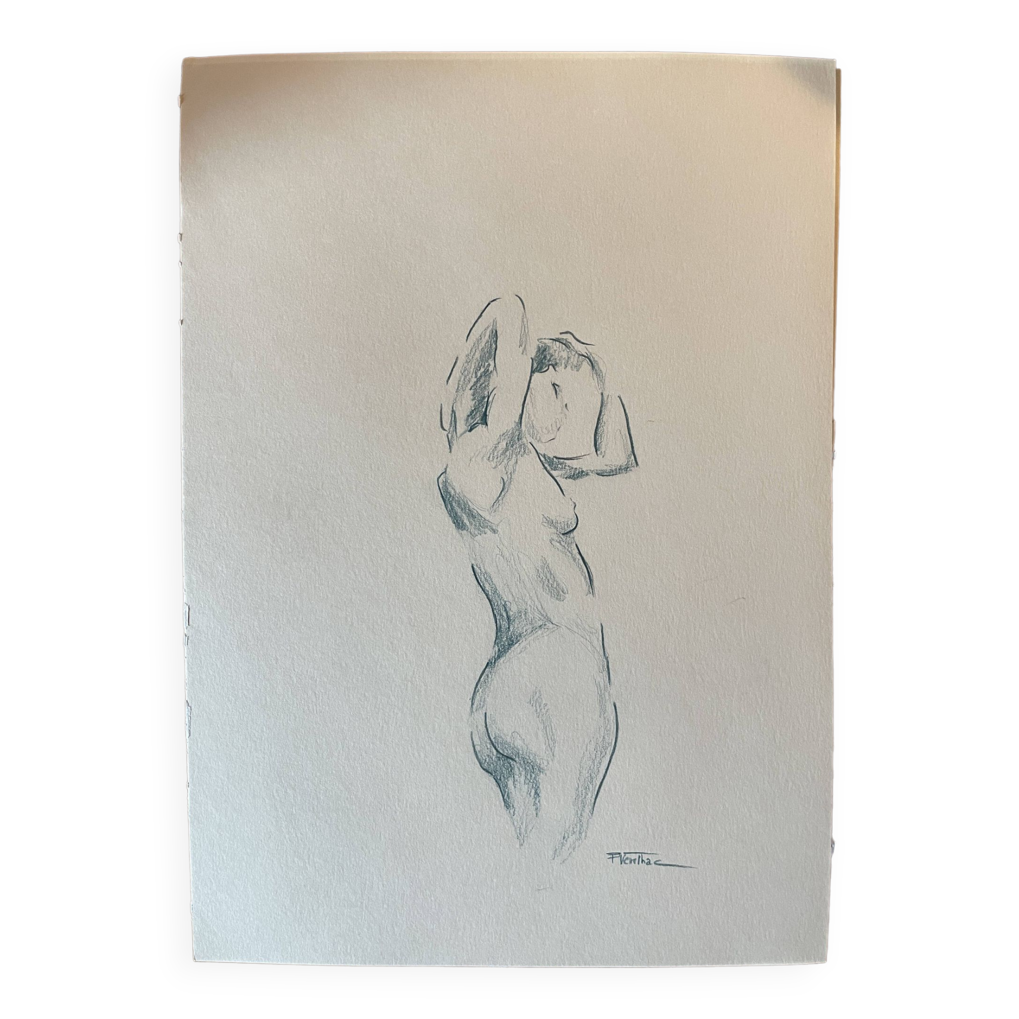 Painting signed watercolor female portrait “getting up”