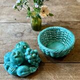 Vintage green earthenware plate/basket with fruit decorations.