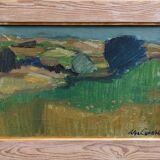 Mid-century modern "the blue tree" vintage expressionist landscape swedish oil painting
