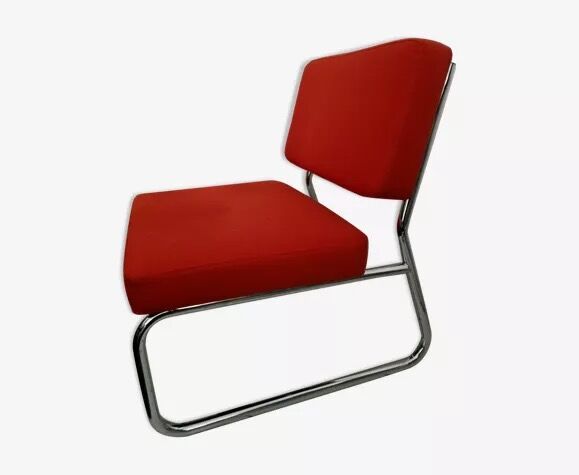 Fauteuil chauffeuse design vintage rouge orangé pied métal 70