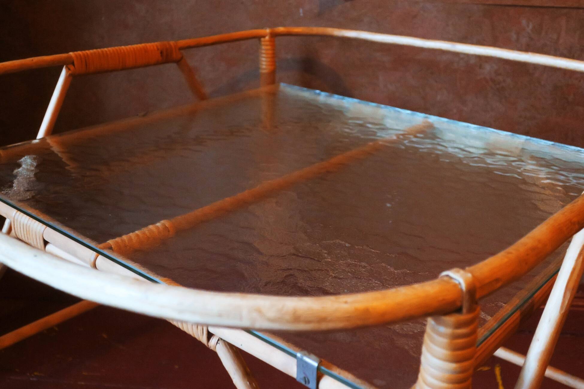 Bamboo and frosted glass fine serving trolley, 1960s