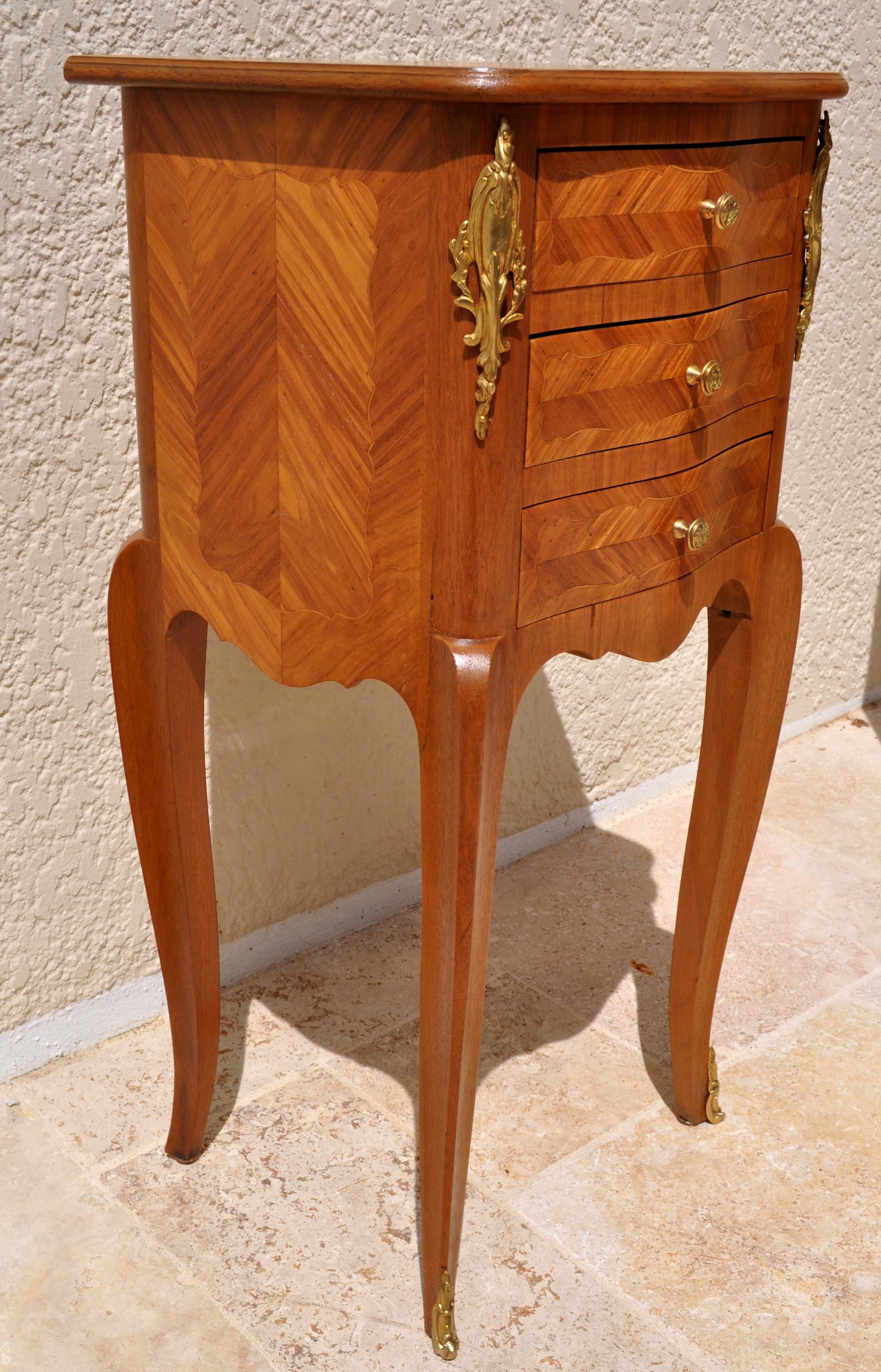 Marquetry Louis XV 3 drawers bedside table