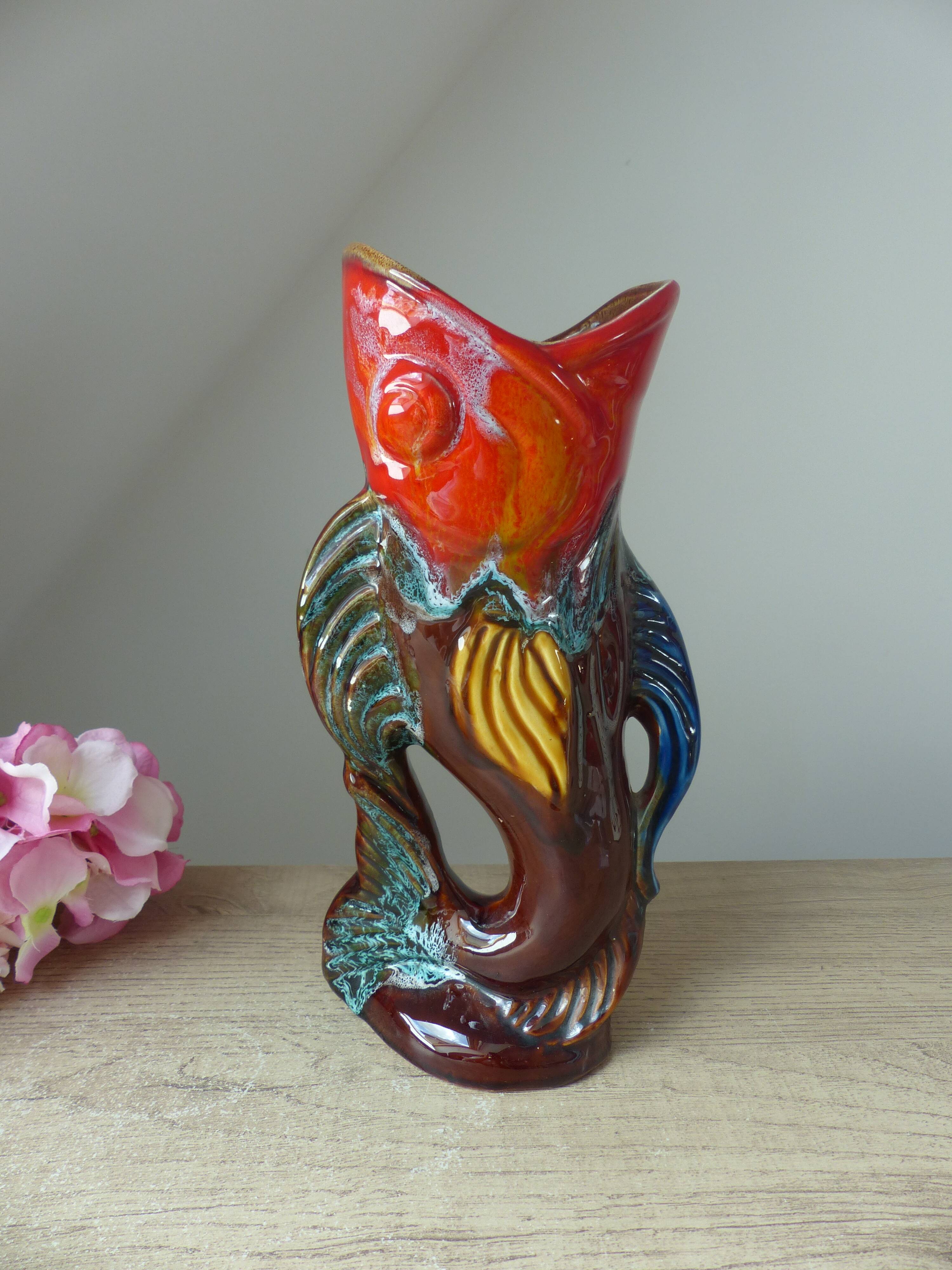 Vintage Vallauris Style Colorful Ceramic Fish Shaped Pitcher