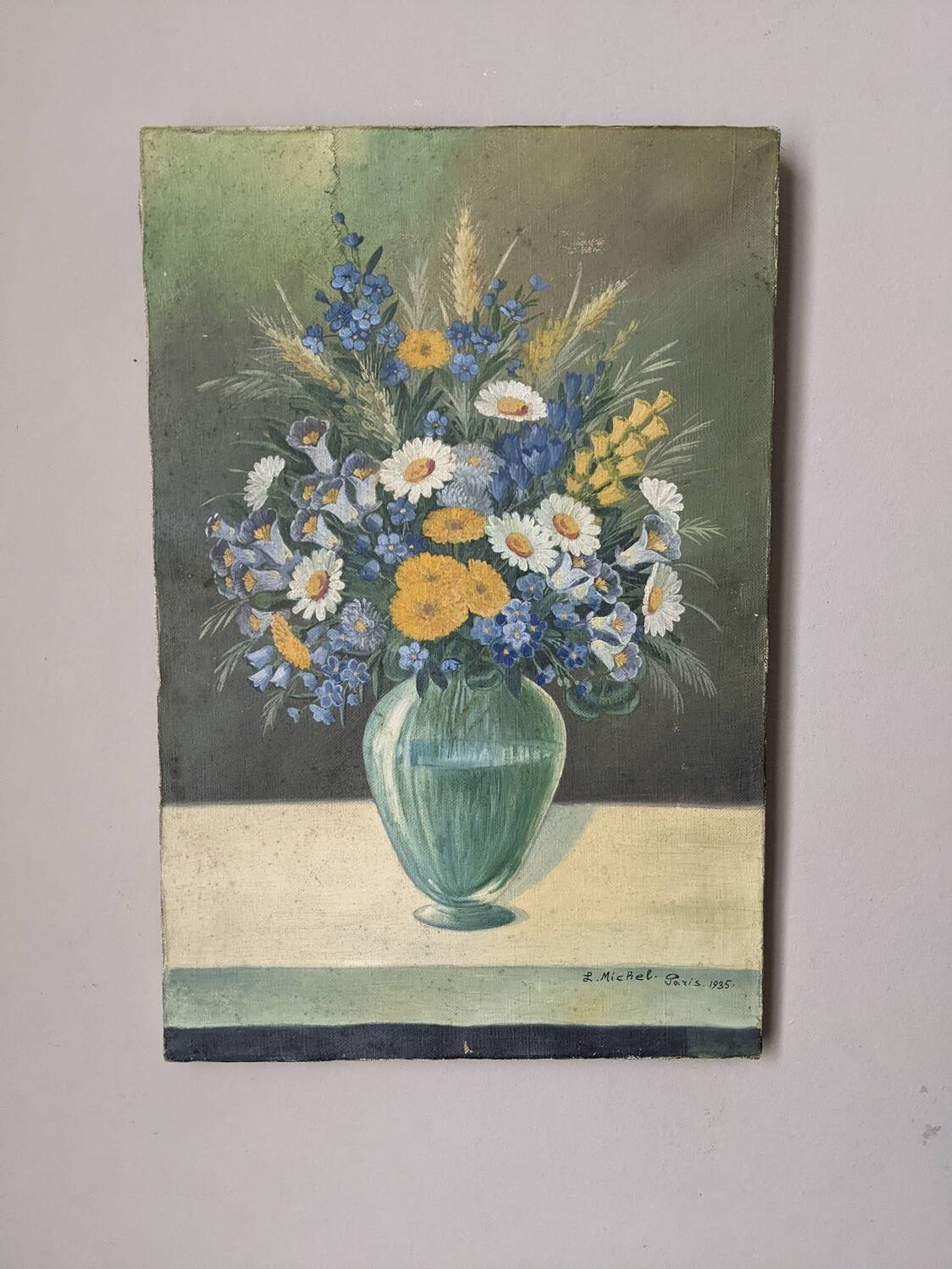 Antique still life painting, bohemian country decor