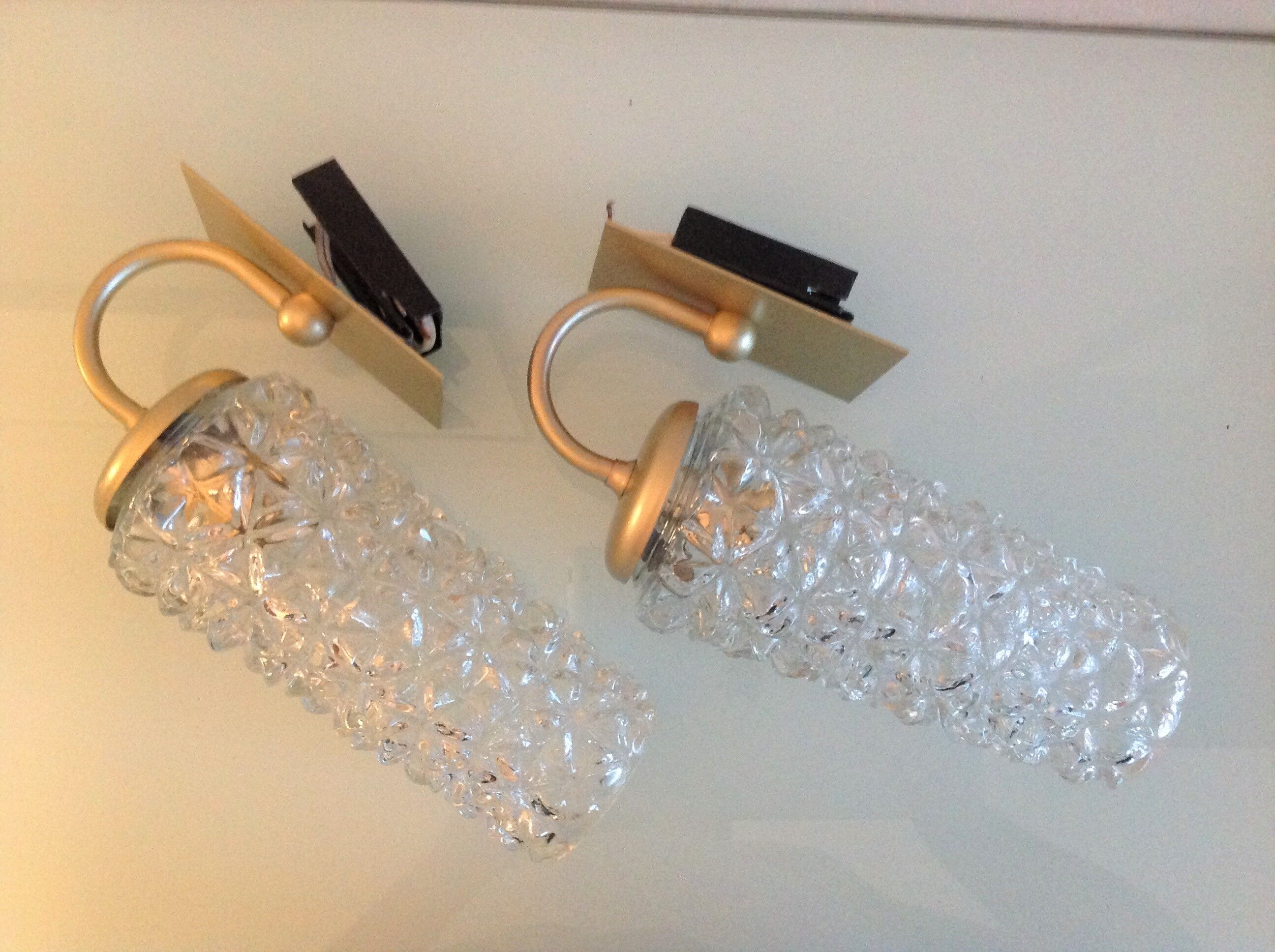 Pair of tulip glass and gold/vintage metal wall lamps 60/70