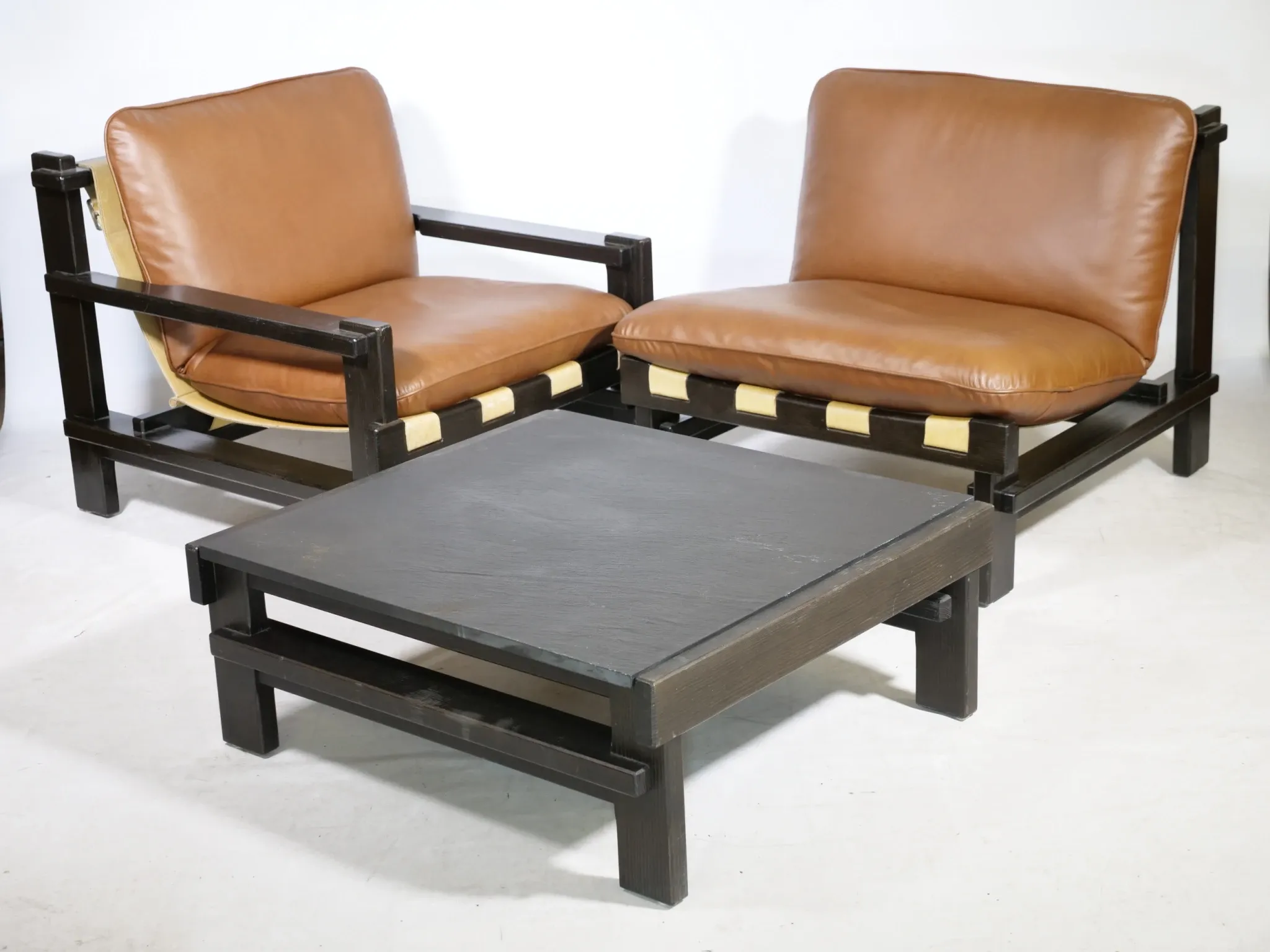 Brutalist Lounge Set in Light Brown Leather & Pine by Carl Straub, Set of 3