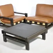 Brutalist Lounge Set in Light Brown Leather & Pine by Carl Straub, Set of 3