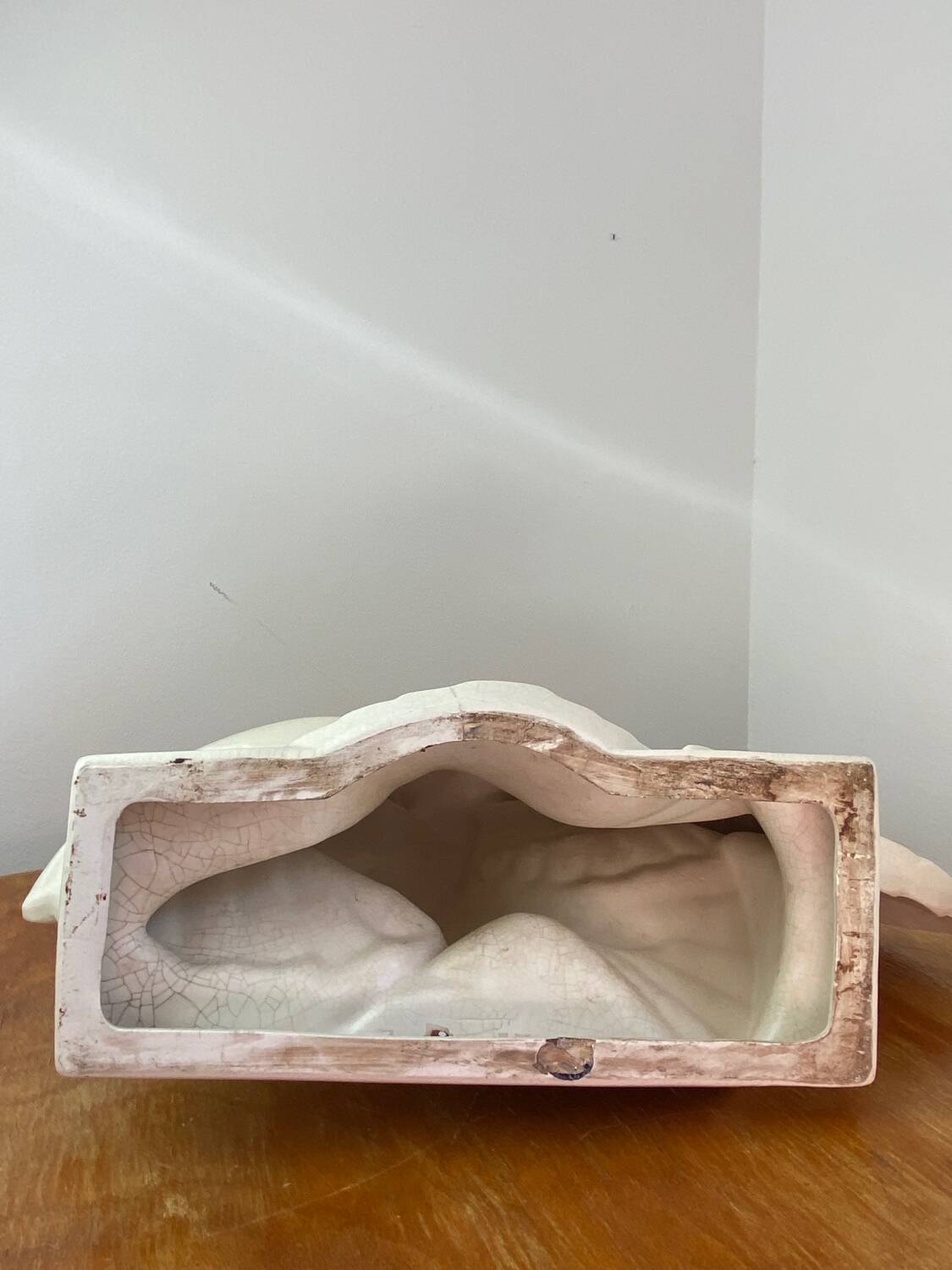 Cracked ceramic doves, signed Lejan