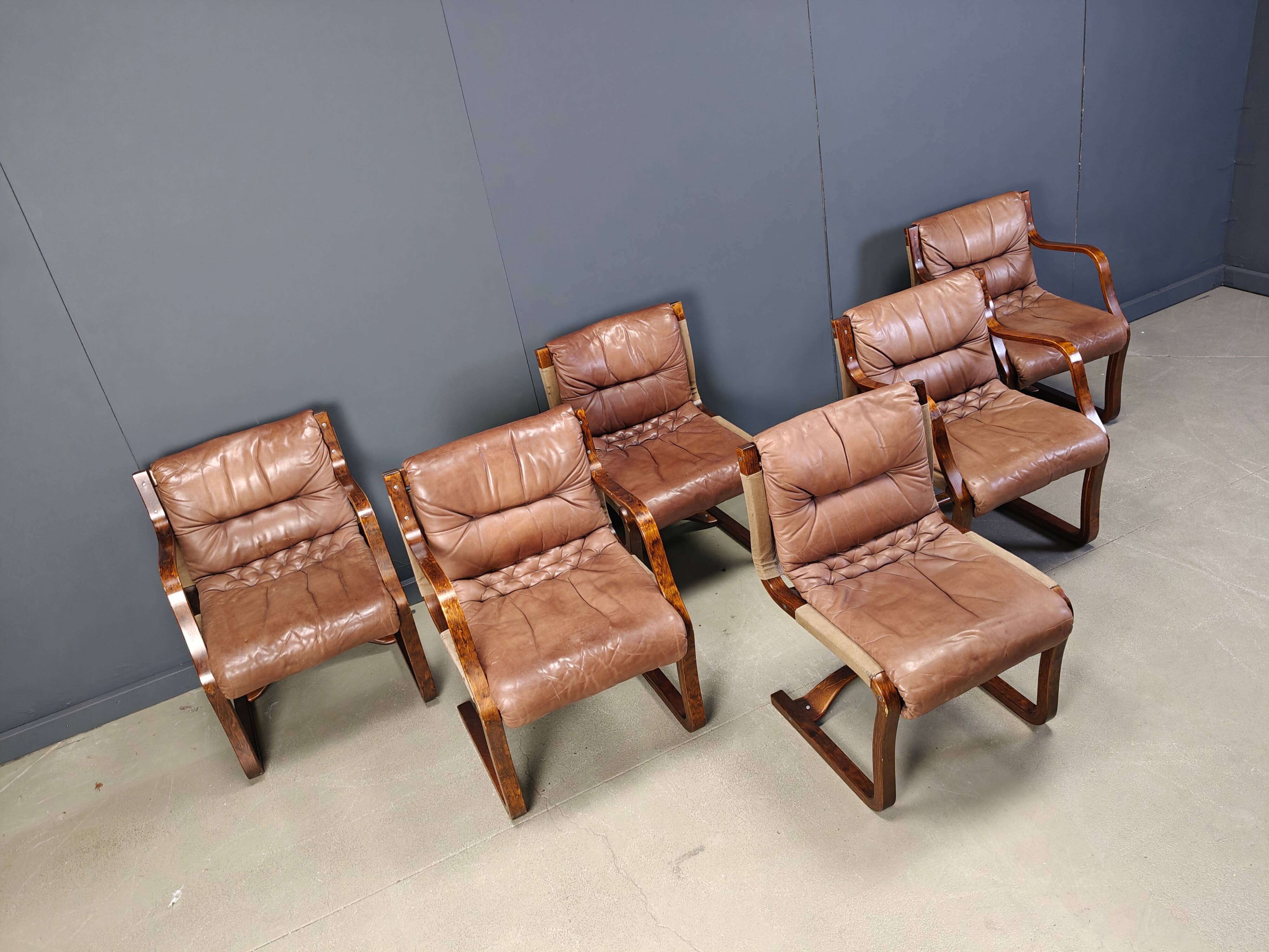 Asko Pajamies vintage leather plywood chairs from Finland, set of 6 - 1970s