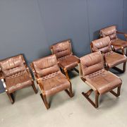 Asko Pajamies vintage leather plywood chairs from Finland, set of 6 - 1970s