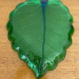 Set of 7 Vintage Green Leaf Shape Blown Glass Coupe Plates #C053