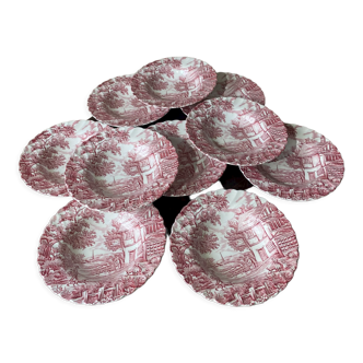 Set of 10 Hollow Plates - Pink Rural Pattern - The Hunter - By Mott - Earthenware