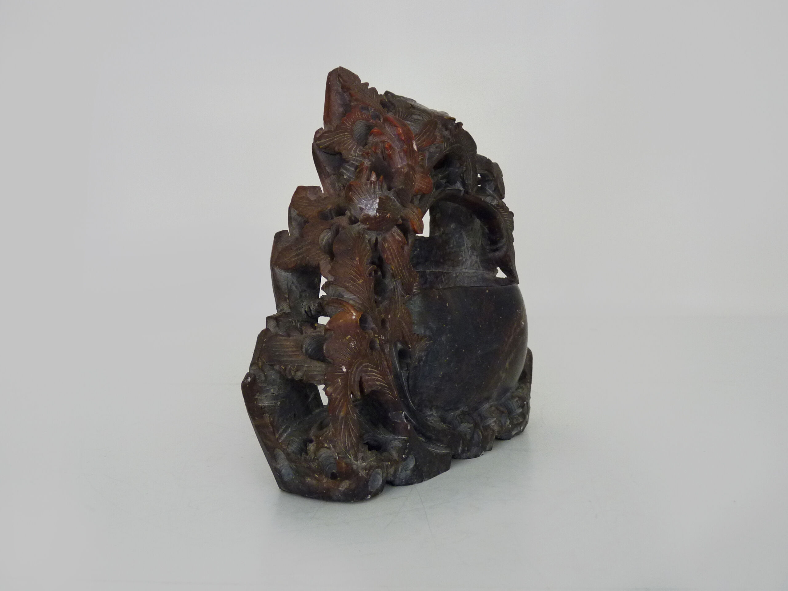 Vintage Chinese carved stone vase with chrysanthemum flowers