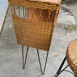 Vintage 1950s bar counter with two rattan and metal stools