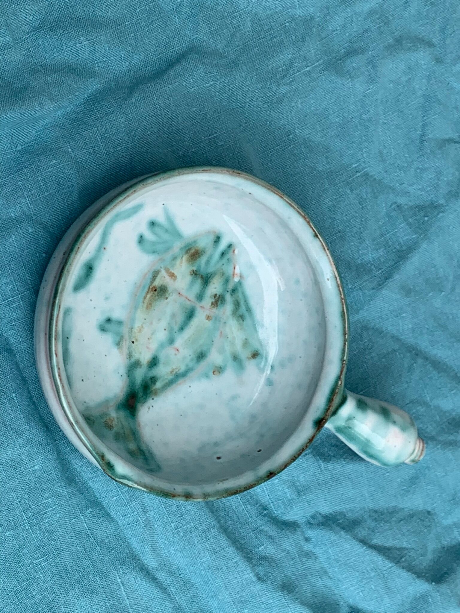 Caquelon, pan sign Humbert pittari vallauris model with blue glazed ceramic fish