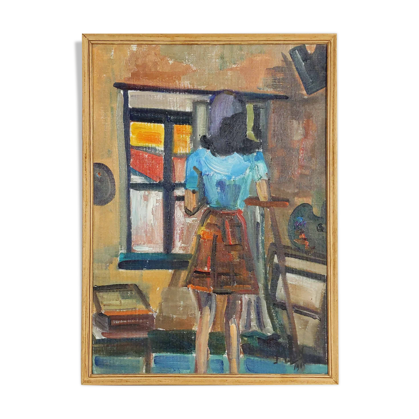 Oil painting of a young woman signed Milon 1967