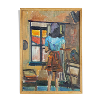 Peinture à l'huile d'une jeune femme signée Milon 1967