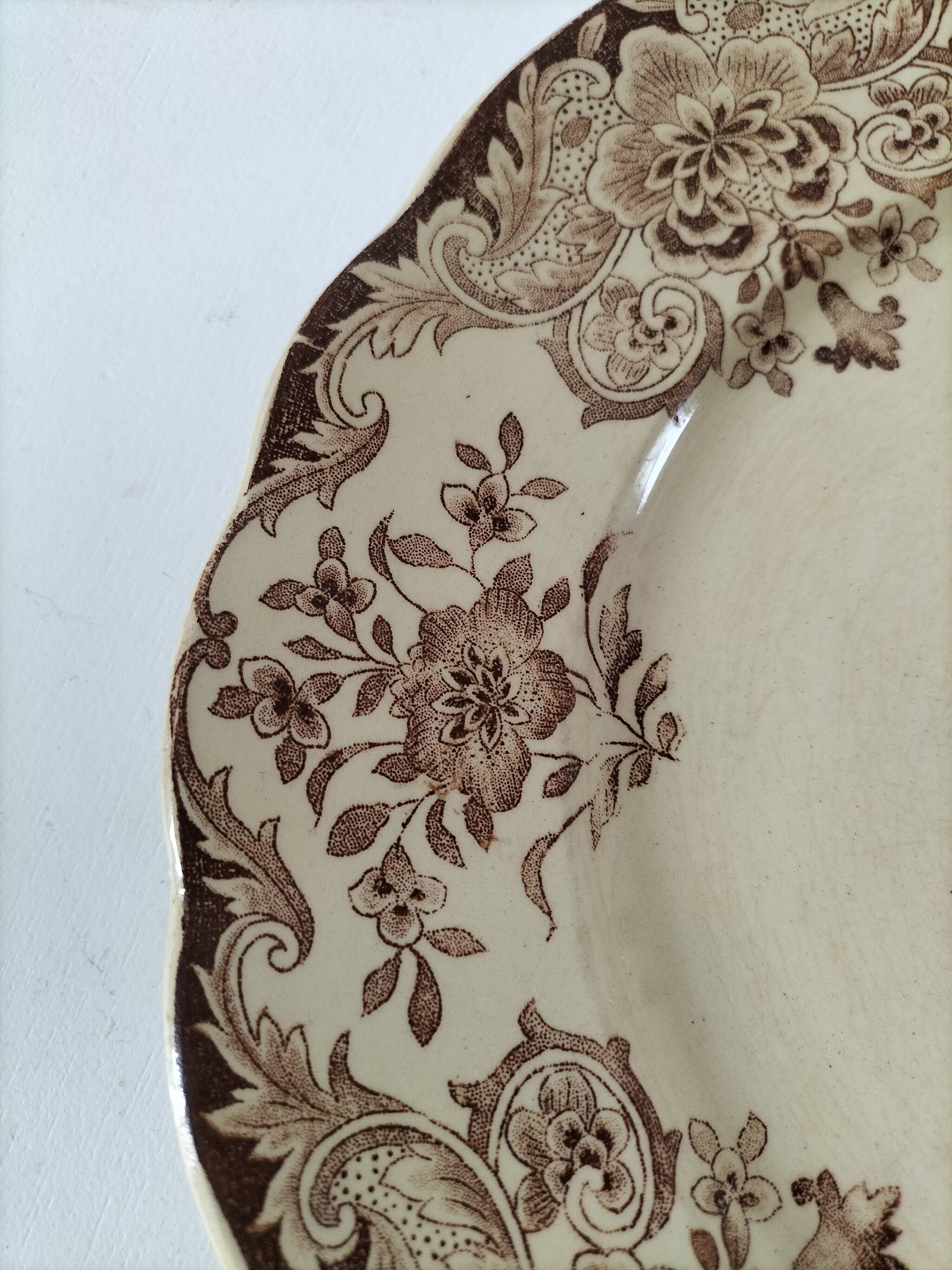 Antique earthenware plate – brown floral decoration – late 19th, early 20th century