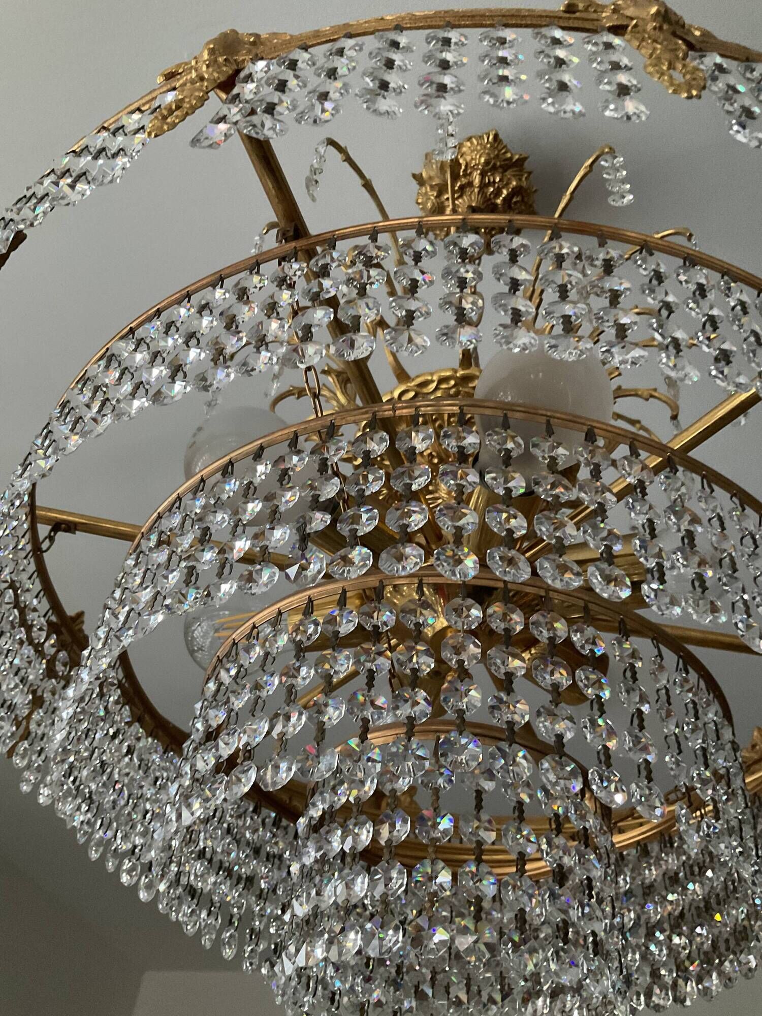 Old bronze waterfall chandelier with crystal tassels
