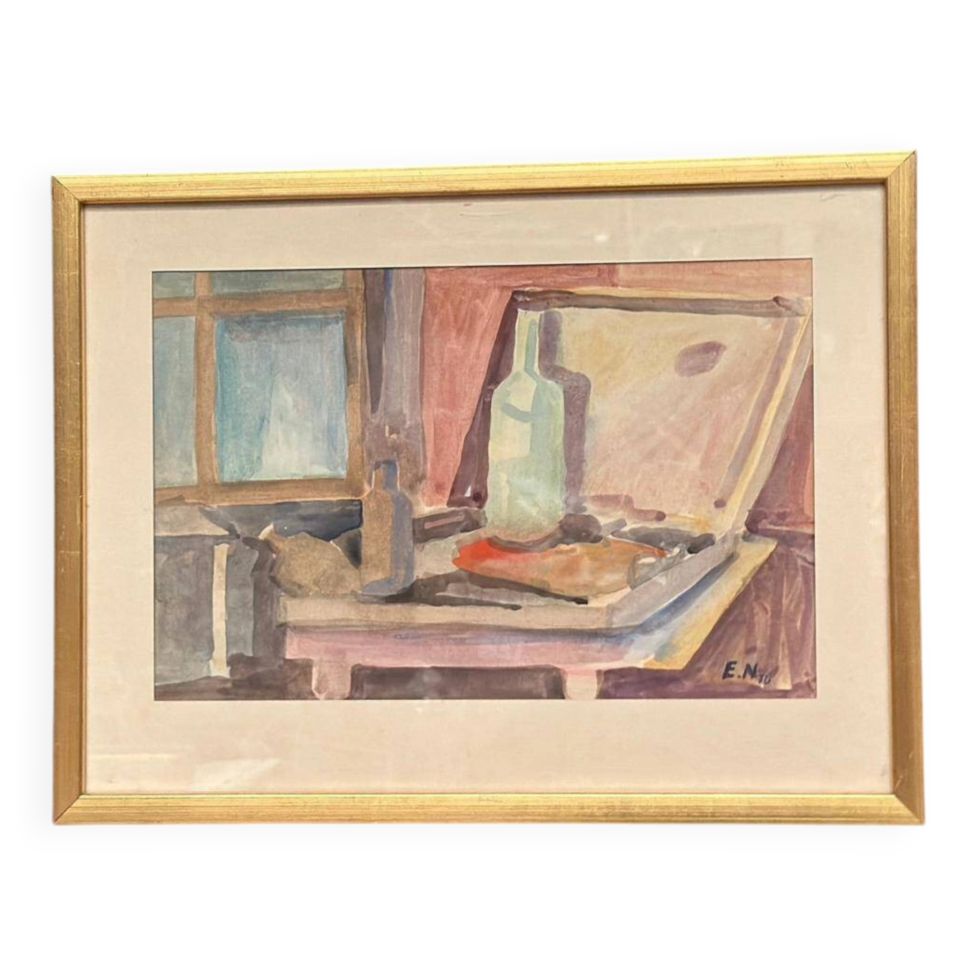Original Swedish Watercolour On Paper – “Bottle And Window” By Eli Nybo – Dated 1976 – Vintage & Framed