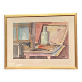Aquarelle originale su papier – « Bouteille et fenêtre » par Eli Nybo – Datée de 1976 – Vintage et encadrée