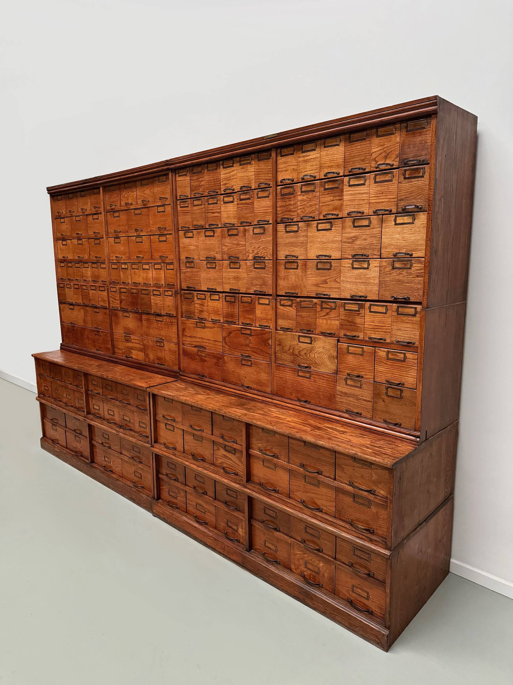 Antique very large American oak grain / apothecary cabinet, ca 1900