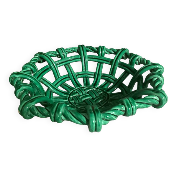 Corbeille tressée ajourée en céramique de Vallauris – vert émeraude –