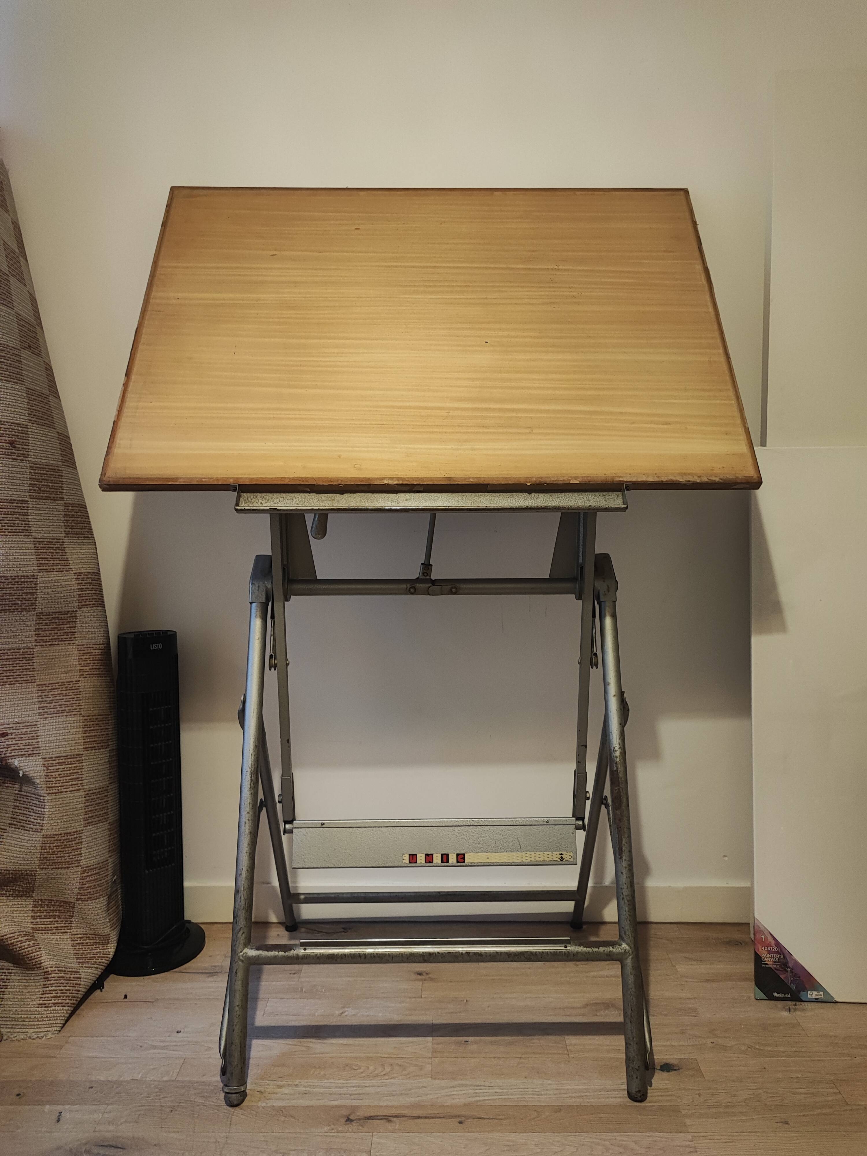 Vintage industrial drawing table UNIC – L. Sautereau – adjustable mechanism