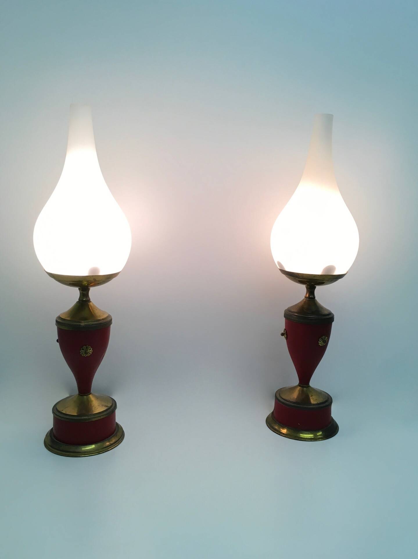 Pair of Red Varnished Metal, Brass and Glass Table Lamps, Italy