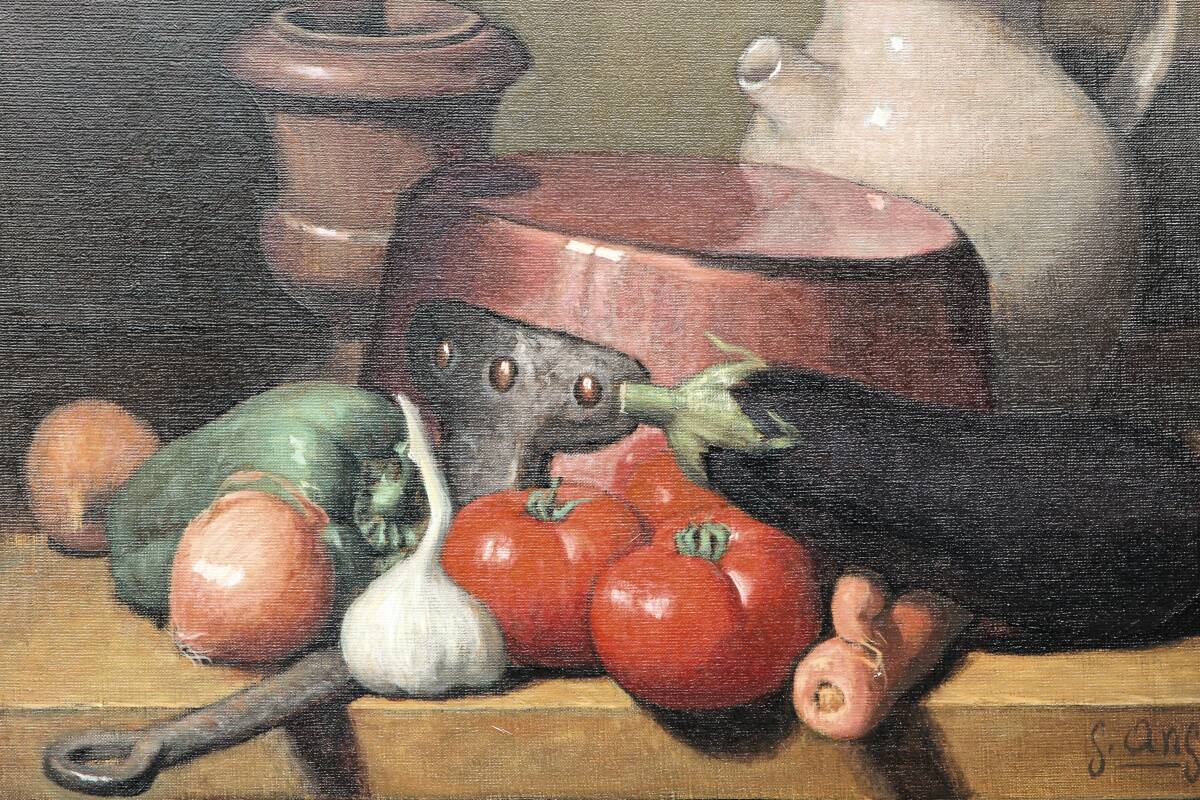 Still life with vegetables, oil on canvas signed Angeli Guerino.