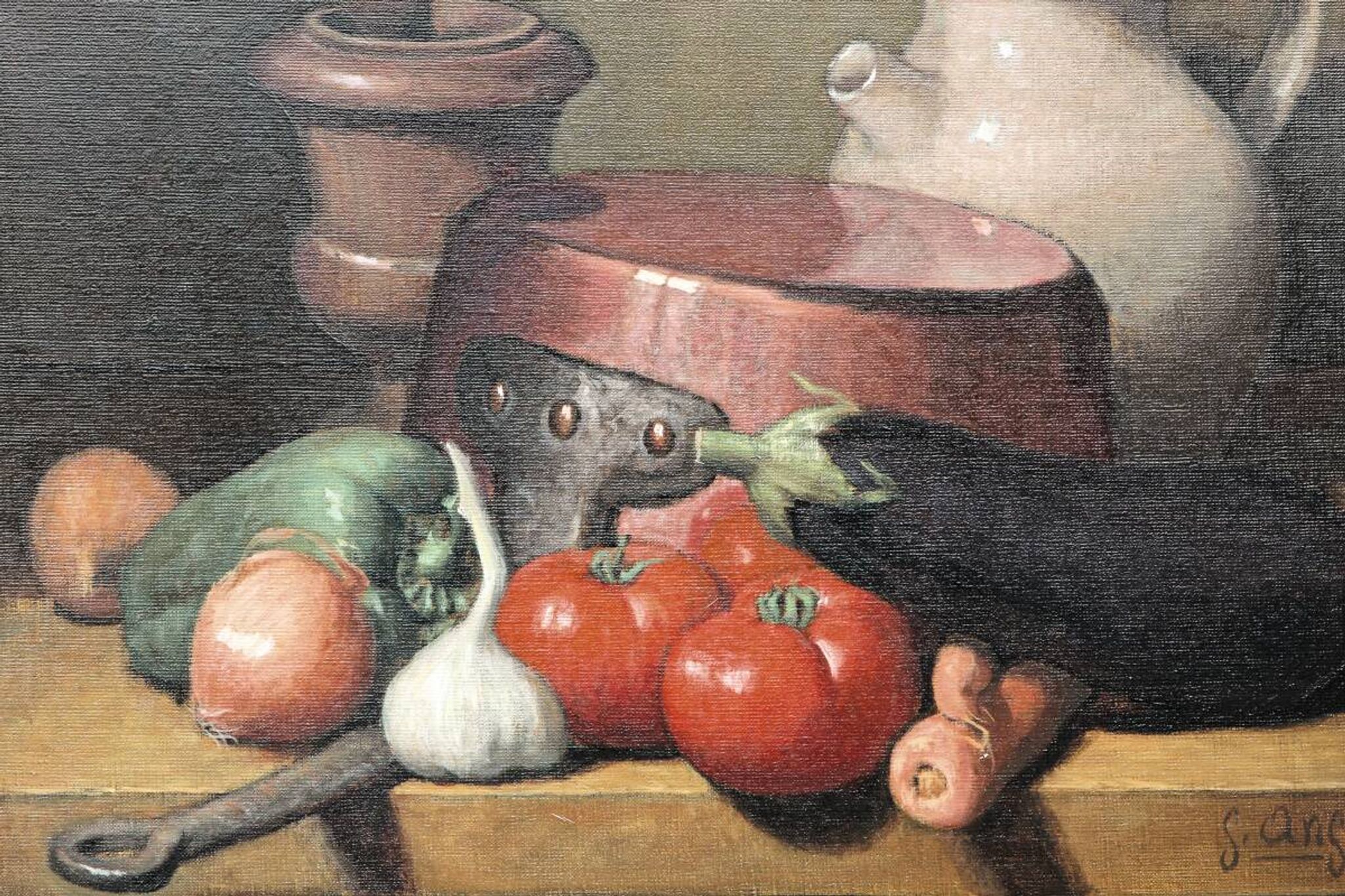 Still life with vegetables, oil on canvas signed Angeli Guerino.