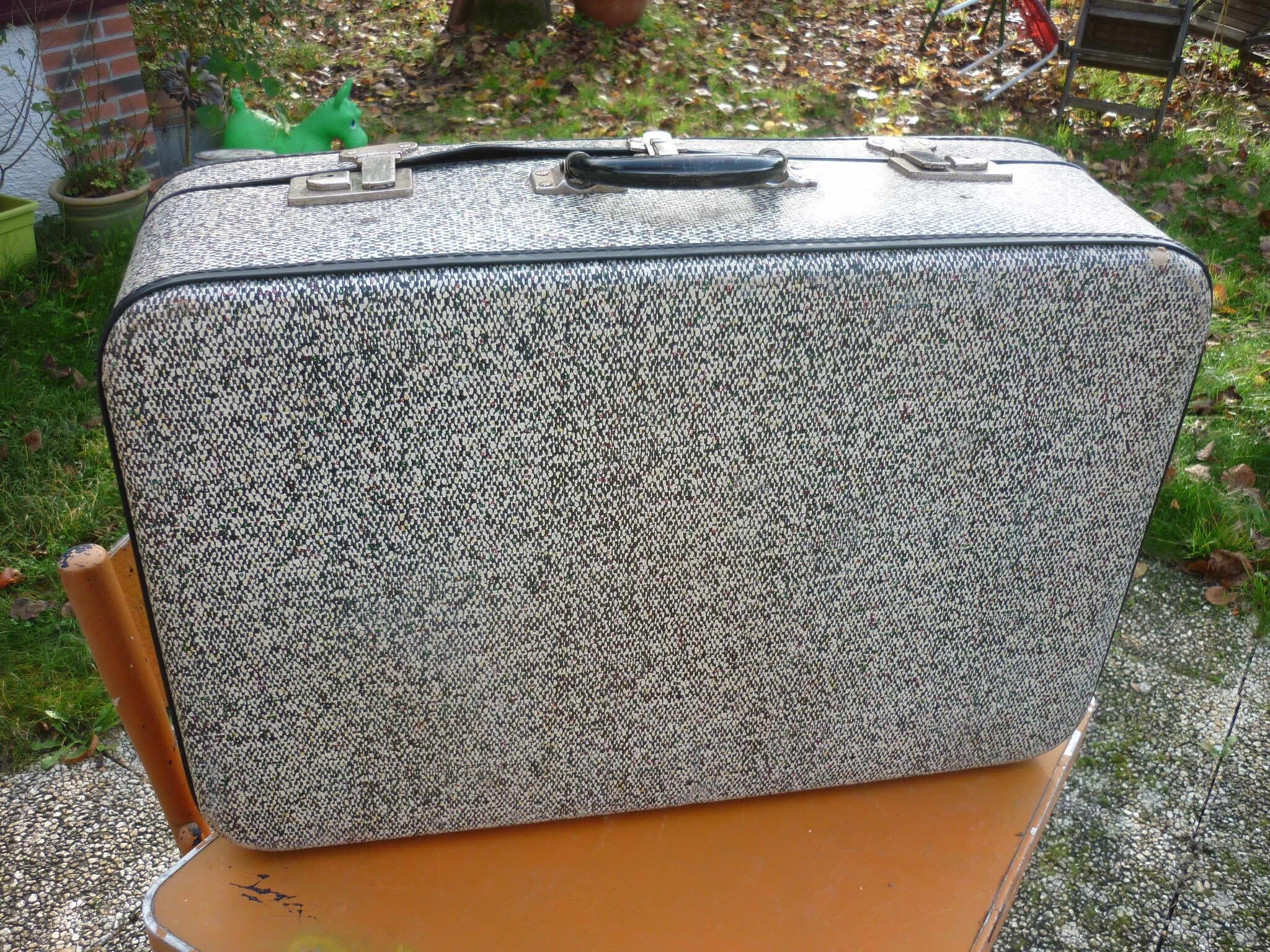 Antique black and white fibroc suitcase