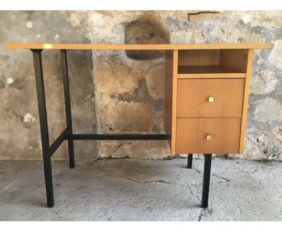 Modernist desk with 2 drawers - metal tubular structure - 1960