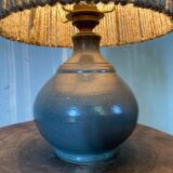 Lampe à poser vintage grès bleu et abat jour en corde