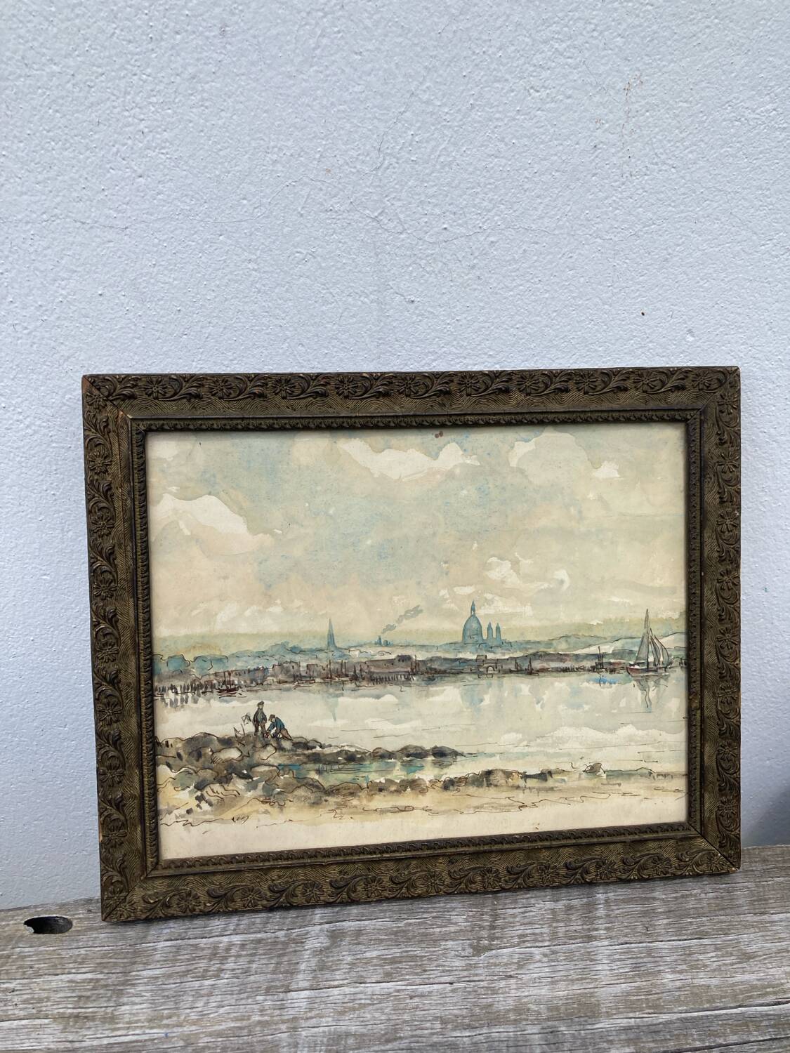 Watercolor old shore golden frame